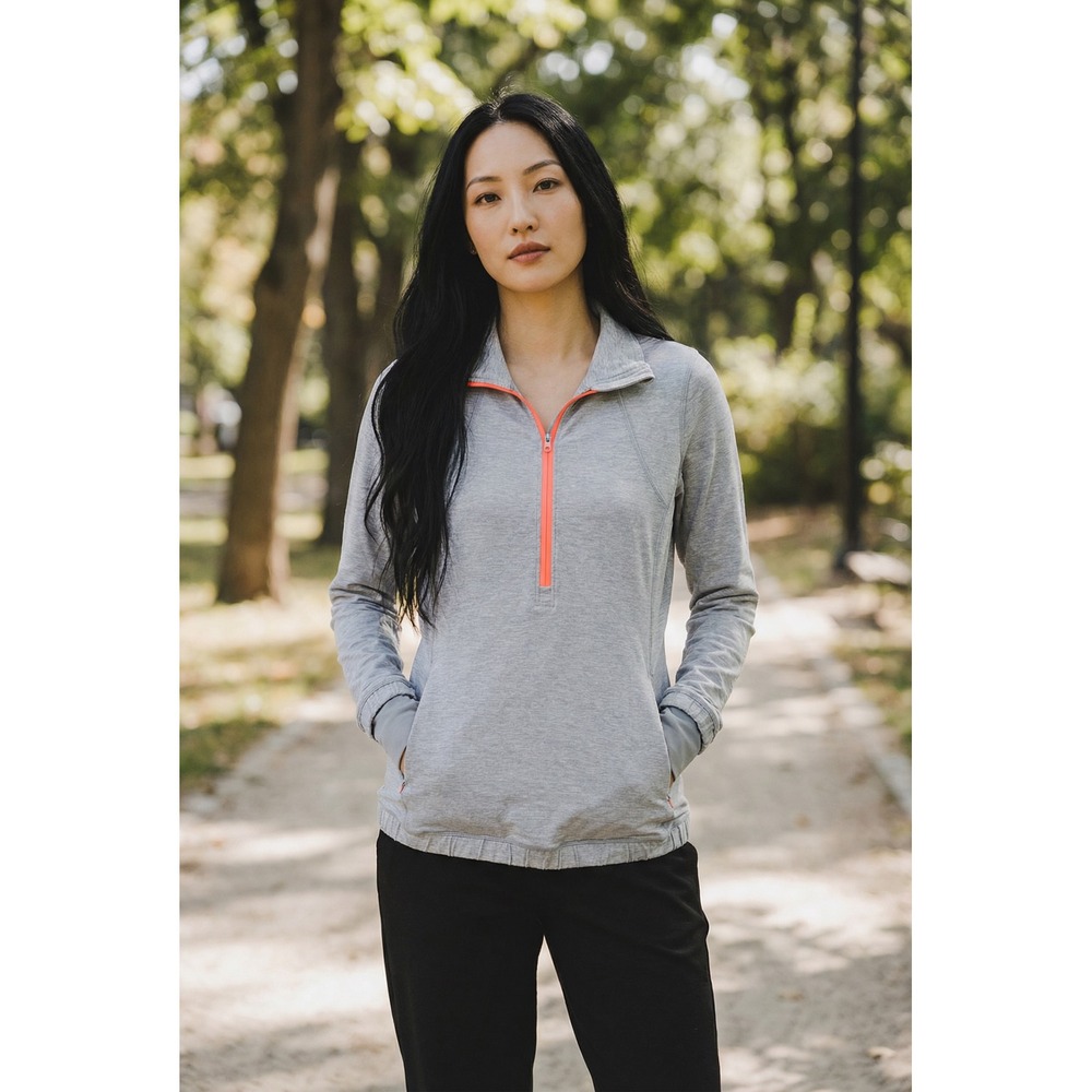 Lululemon Grey Heather Neon Orange Quarter Zip Pullover Thumbholes‎ Size 6